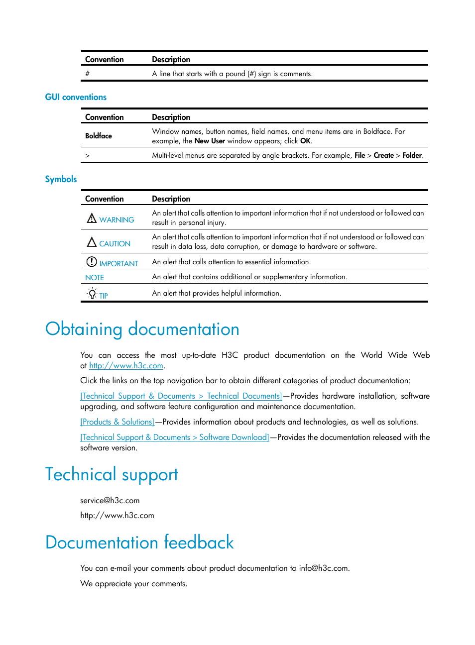Gui conventions, Symbols, Obtaining documentation | Technical support, Documentation feedback | H3C Technologies H3C S10500 Series Switches User Manual | Page 4 / 115