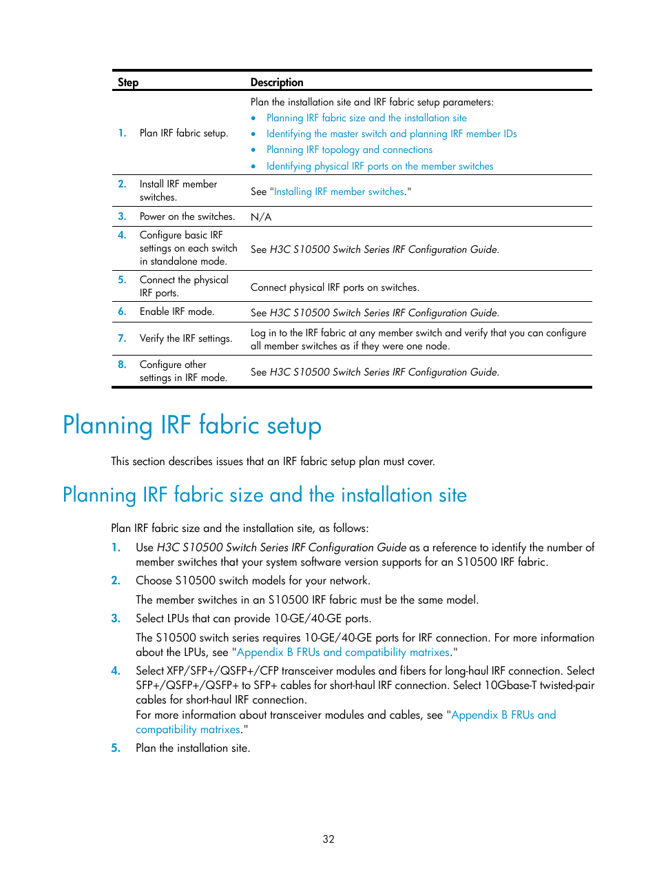 Planning irf fabric setup, Planning irf fabric size and the installation site | H3C Technologies H3C S10500 Series Switches User Manual | Page 40 / 115