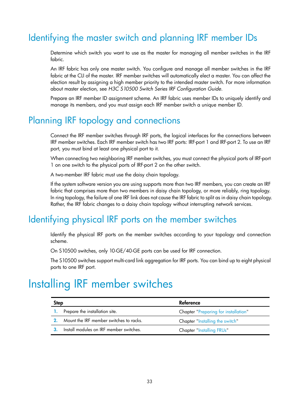 Planning irf topology and connections, Installing irf member switches | H3C Technologies H3C S10500 Series Switches User Manual | Page 41 / 115