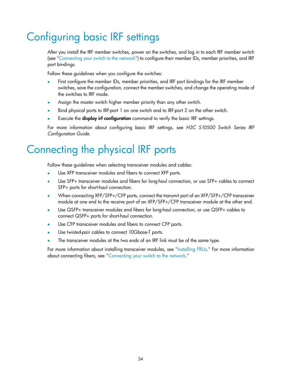 Configuring basic irf settings, Connecting the physical irf ports | H3C Technologies H3C S10500 Series Switches User Manual | Page 42 / 115