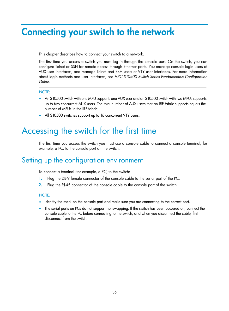 Connecting your switch to the network, Accessing the switch for the first time, Setting up the configuration environment | Connecting your switch to the, Network | H3C Technologies H3C S10500 Series Switches User Manual | Page 44 / 115