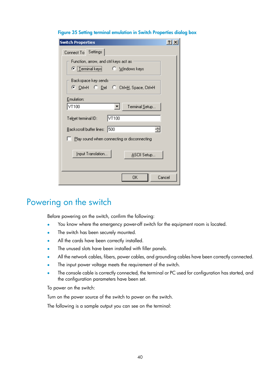Powering on the switch | H3C Technologies H3C S10500 Series Switches User Manual | Page 48 / 115