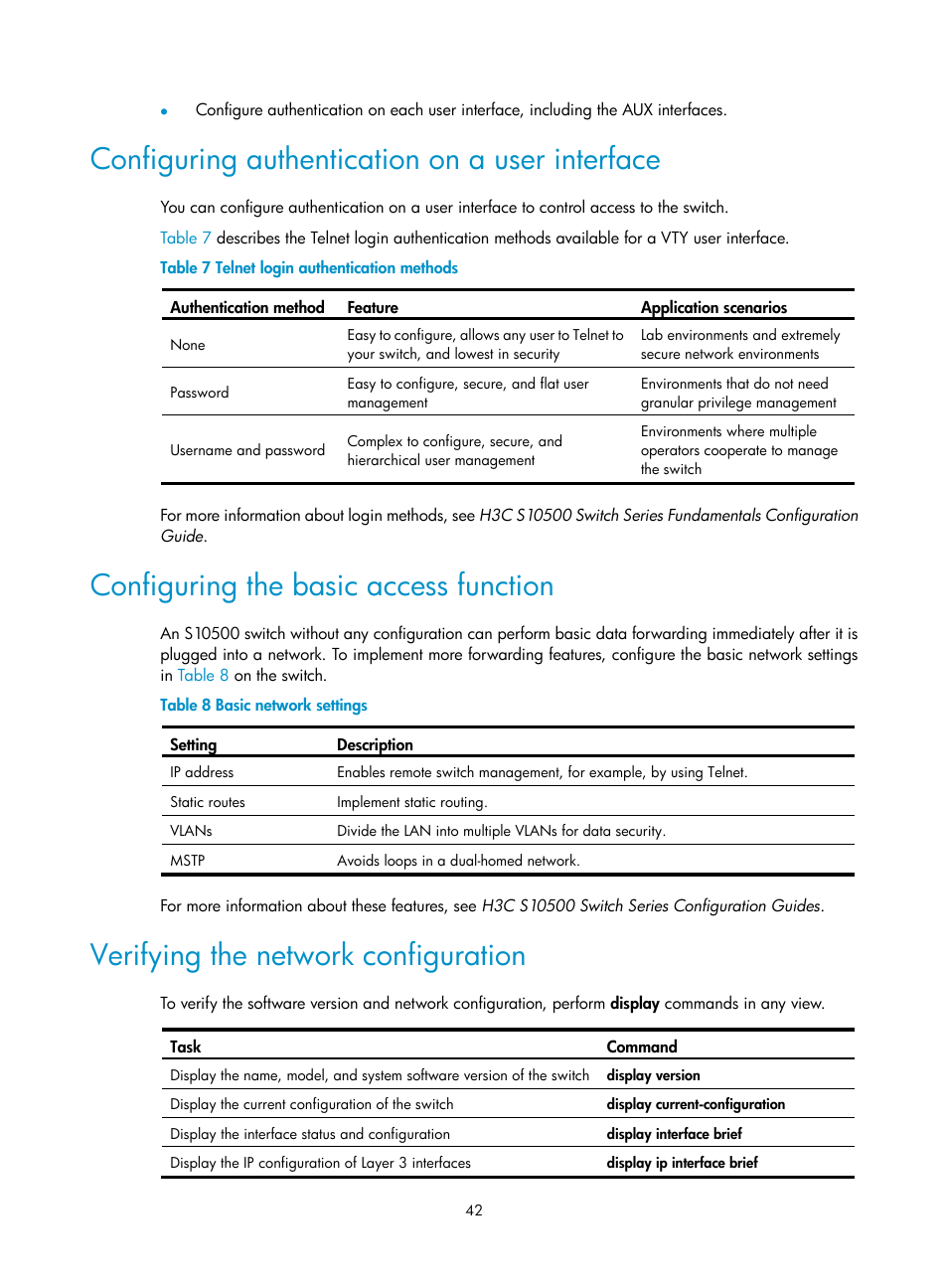 Configuring authentication on a user interface, Configuring the basic access function, Verifying the network configuration | H3C Technologies H3C S10500 Series Switches User Manual | Page 50 / 115