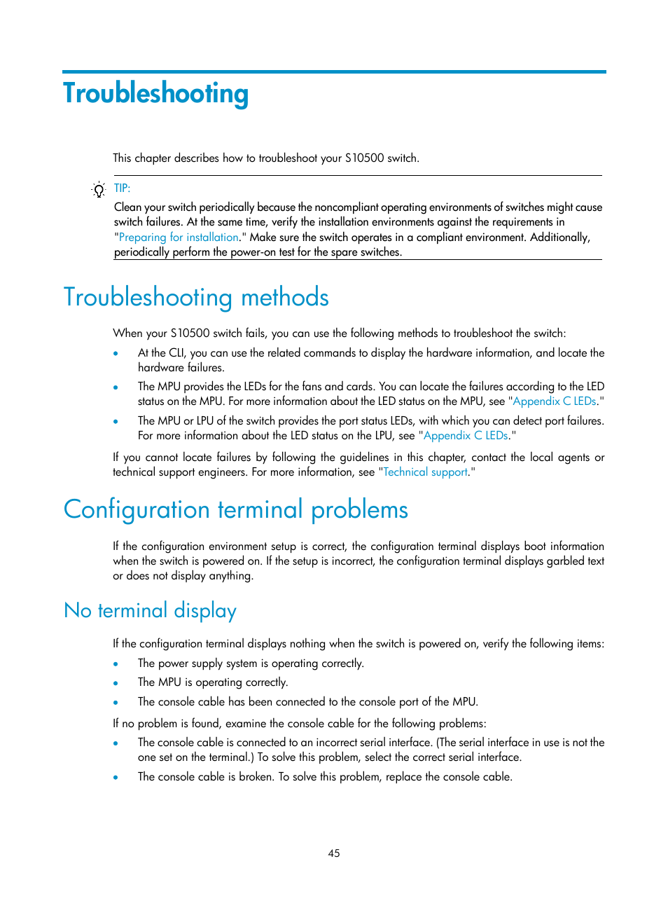 Troubleshooting, Troubleshooting methods, Configuration terminal problems | No terminal display | H3C Technologies H3C S10500 Series Switches User Manual | Page 53 / 115