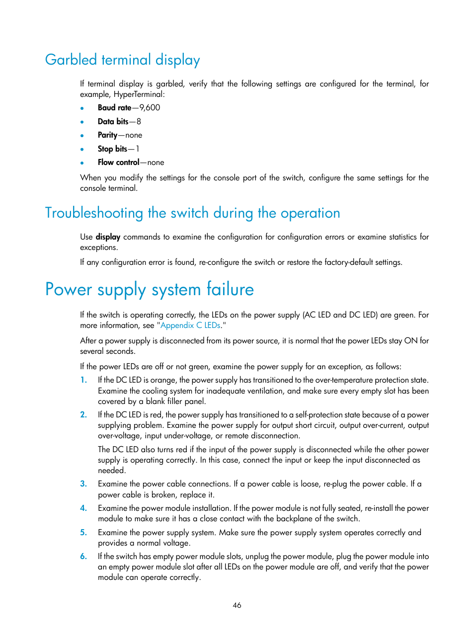 Garbled terminal display, Troubleshooting the switch during the operation, Power supply system failure | H3C Technologies H3C S10500 Series Switches User Manual | Page 54 / 115