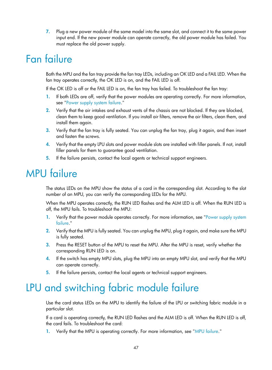 Fan failure, Mpu failure, Lpu and switching fabric module failure | H3C Technologies H3C S10500 Series Switches User Manual | Page 55 / 115