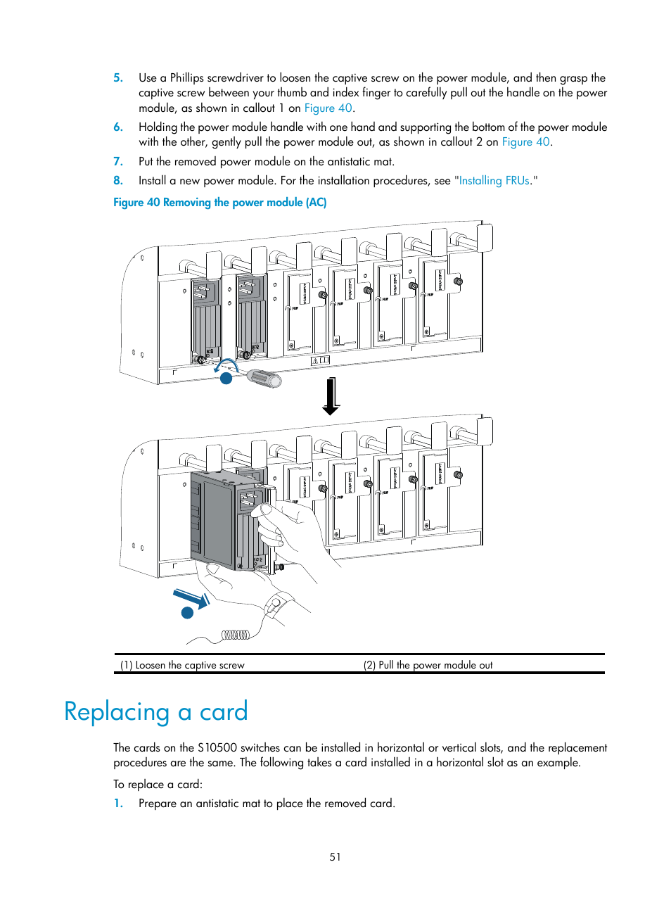 Replacing a card | H3C Technologies H3C S10500 Series Switches User Manual | Page 59 / 115
