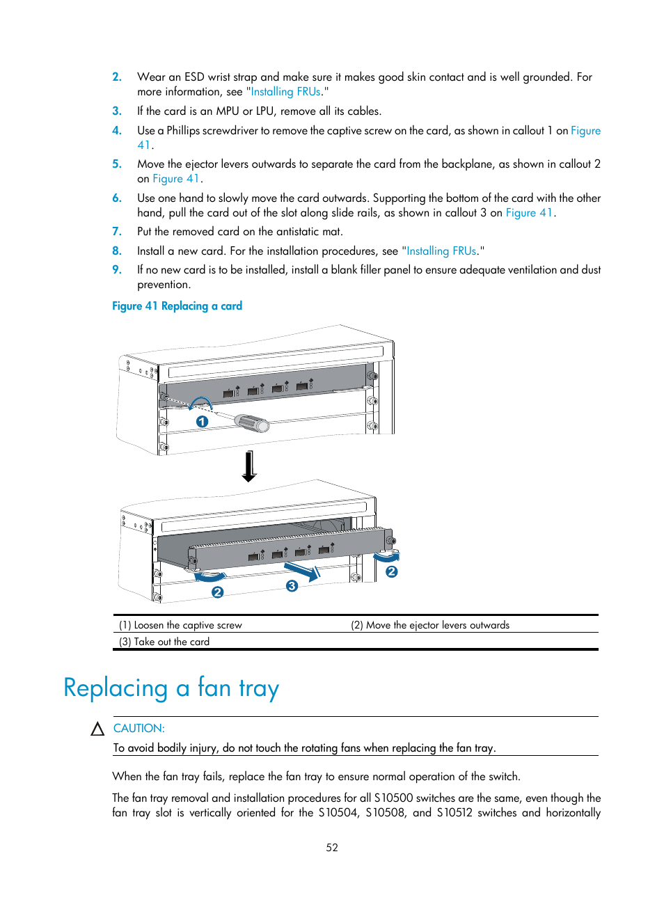 Replacing a fan tray | H3C Technologies H3C S10500 Series Switches User Manual | Page 60 / 115