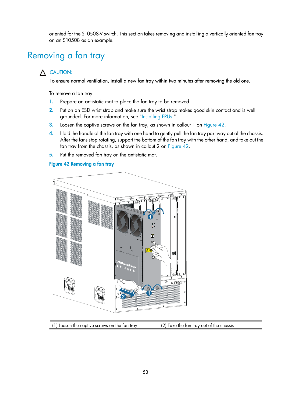 Removing a fan tray | H3C Technologies H3C S10500 Series Switches User Manual | Page 61 / 115
