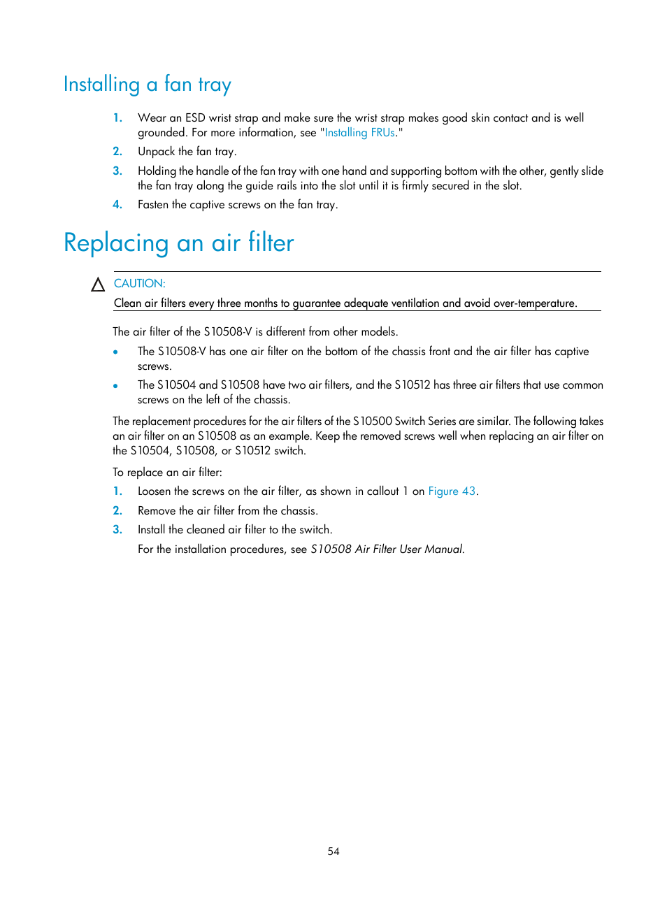 Installing a fan tray, Replacing an air filter | H3C Technologies H3C S10500 Series Switches User Manual | Page 62 / 115