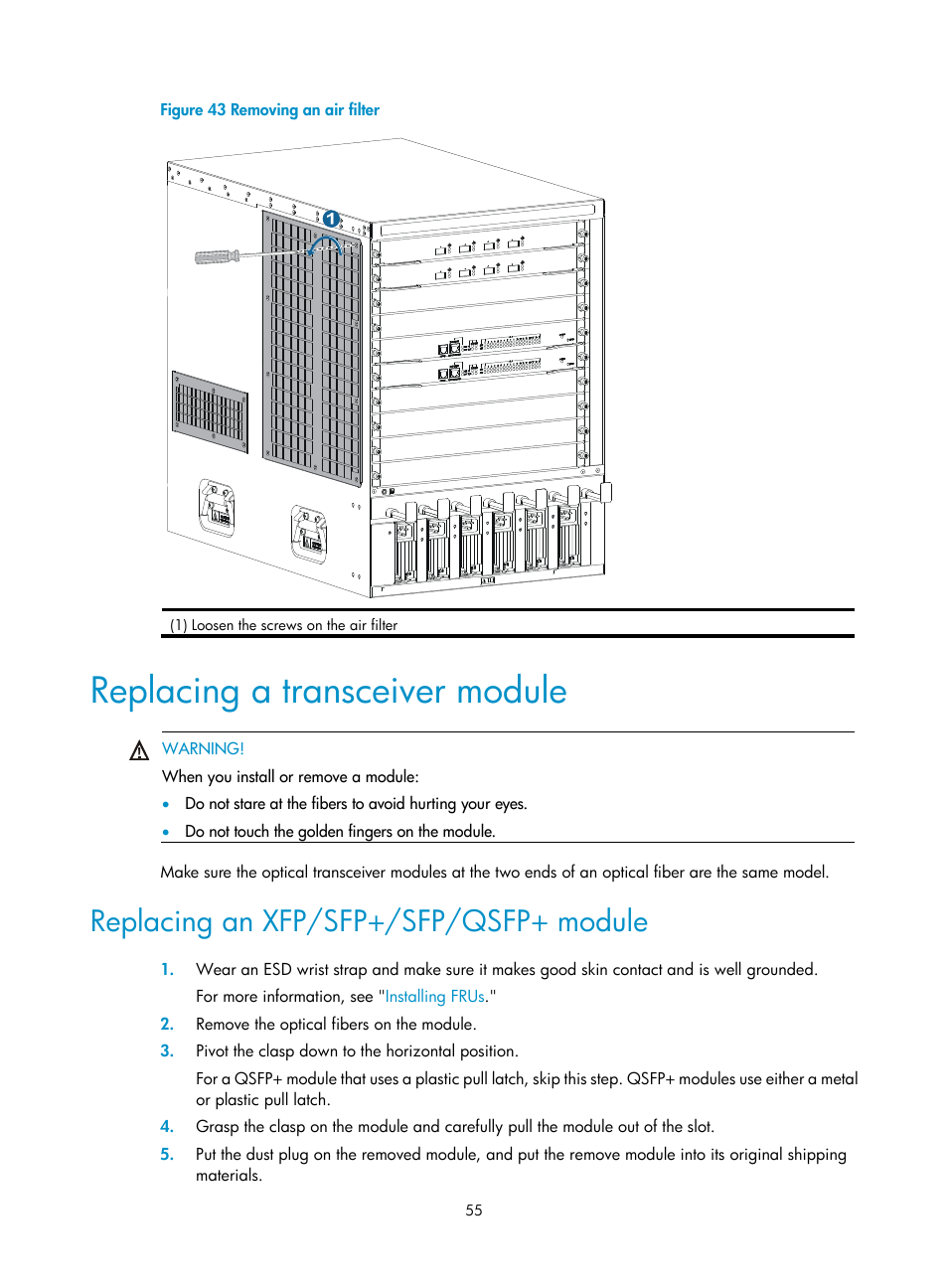 Replacing a transceiver module, Replacing an xfp/sfp+/sfp/qsfp+ module, Figure 43 | H3C Technologies H3C S10500 Series Switches User Manual | Page 63 / 115