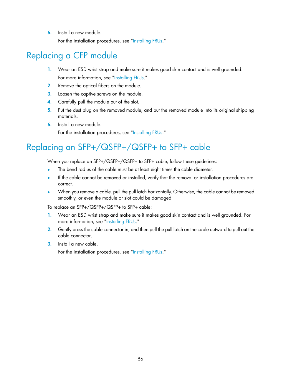 Replacing a cfp module, Replacing an sfp+/qsfp+/qsfp+ to sfp+ cable | H3C Technologies H3C S10500 Series Switches User Manual | Page 64 / 115
