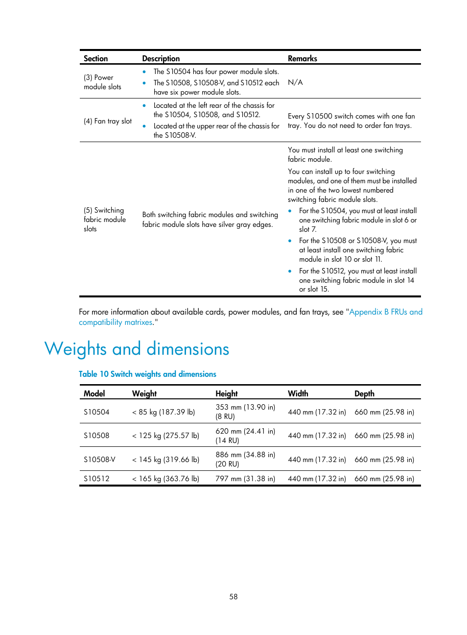 Weights and dimensions | H3C Technologies H3C S10500 Series Switches User Manual | Page 66 / 115