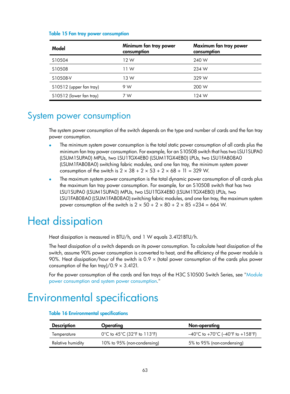 System power consumption, Heat dissipation, Environmental specifications | H3C Technologies H3C S10500 Series Switches User Manual | Page 71 / 115