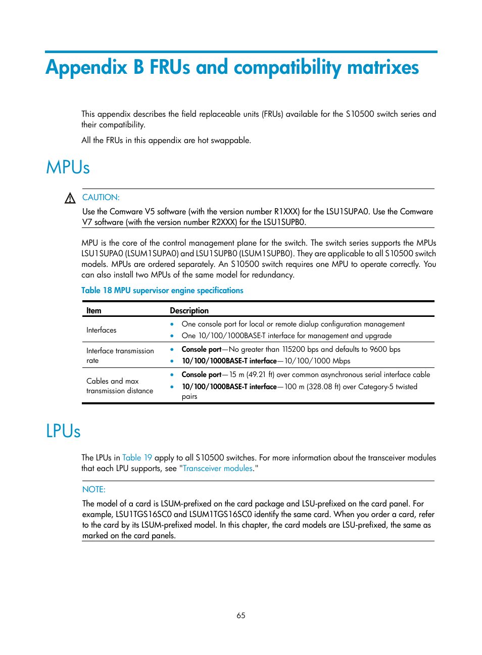 Appendix b frus and compatibility matrixes, Mpus, Lpus | Appendix b frus and, Compatibility matrixes, N, see | H3C Technologies H3C S10500 Series Switches User Manual | Page 73 / 115