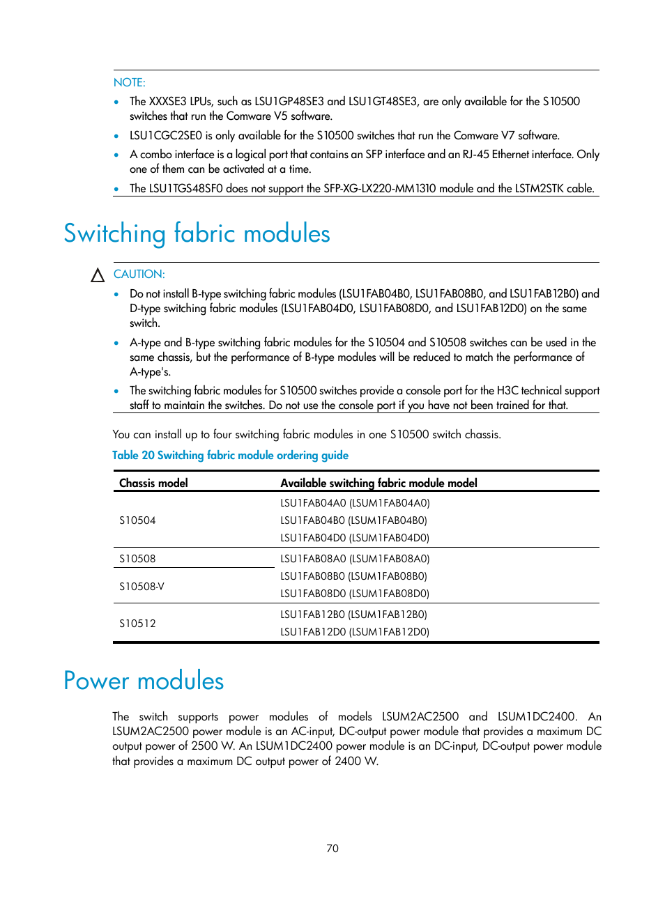Switching fabric modules, Power modules | H3C Technologies H3C S10500 Series Switches User Manual | Page 78 / 115