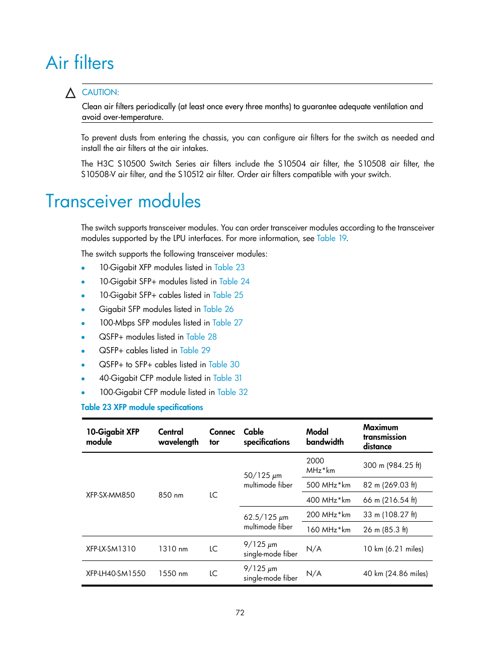 Air filters, Transceiver modules | H3C Technologies H3C S10500 Series Switches User Manual | Page 80 / 115