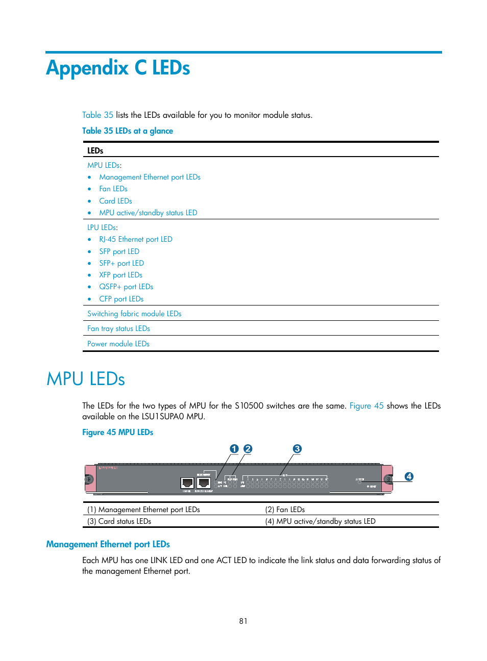 Appendix c leds, Mpu leds, Management ethernet port leds | T the led status, see | H3C Technologies H3C S10500 Series Switches User Manual | Page 89 / 115