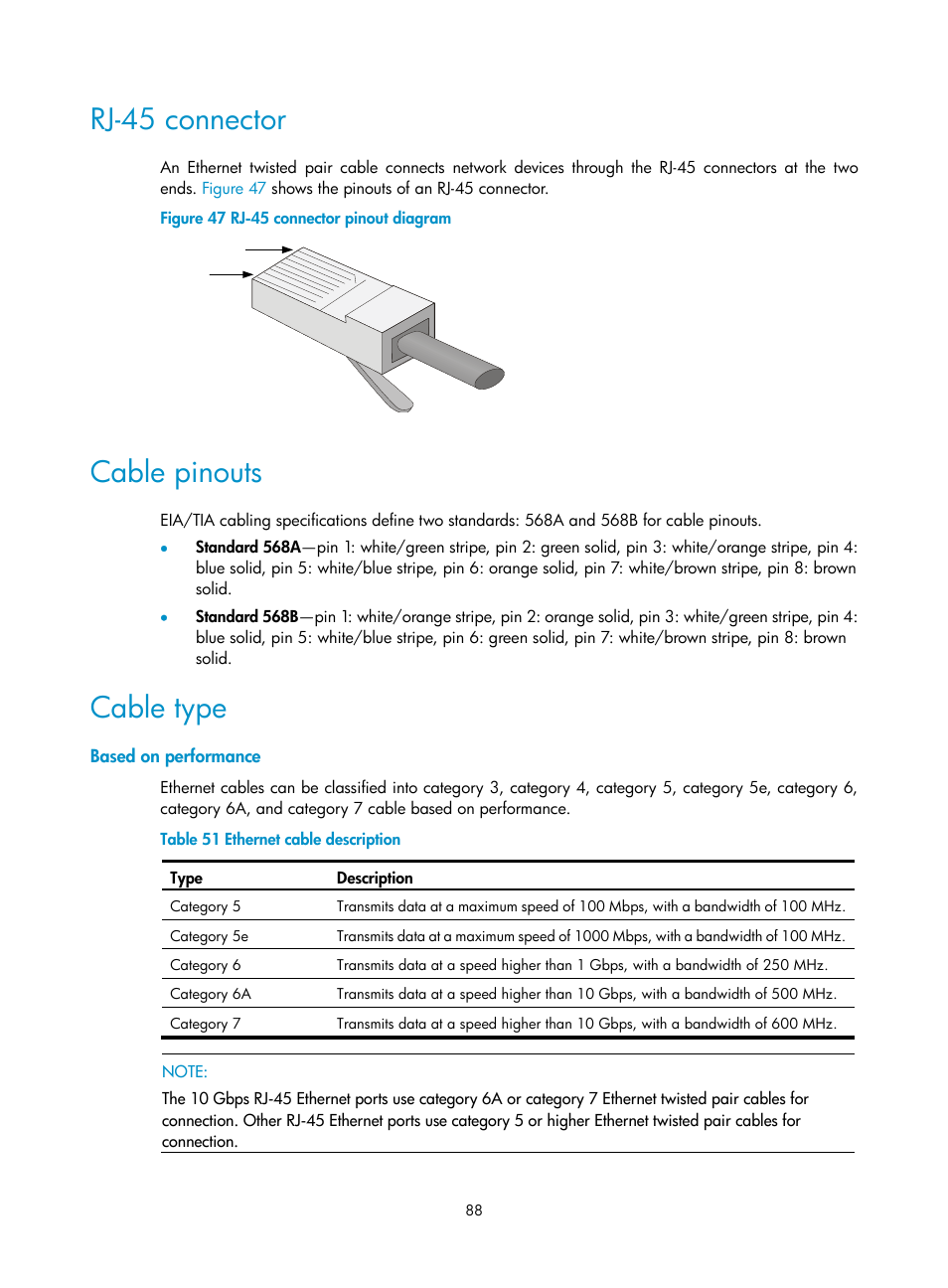 Rj-45 connector, Cable pinouts, Cable type | Based on performance | H3C Technologies H3C S10500 Series Switches User Manual | Page 96 / 115