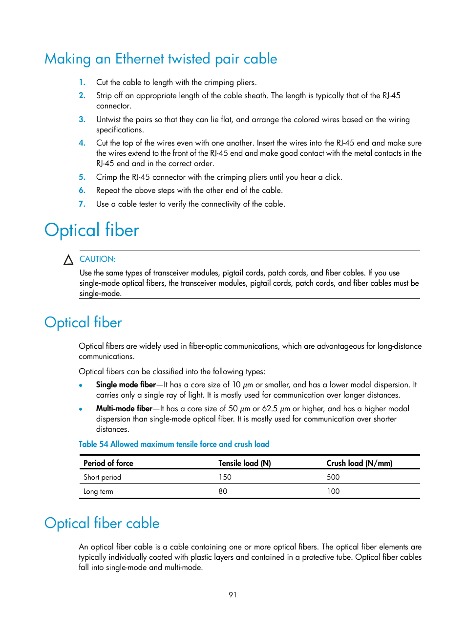 Making an ethernet twisted pair cable, Optical fiber, Optical fiber cable | H3C Technologies H3C S10500 Series Switches User Manual | Page 99 / 115