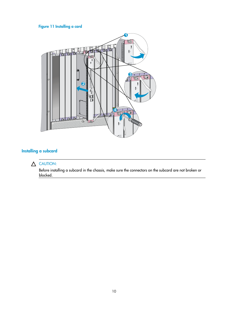 Installing a subcard | H3C Technologies H3C S10500 Series Switches User Manual | Page 13 / 19