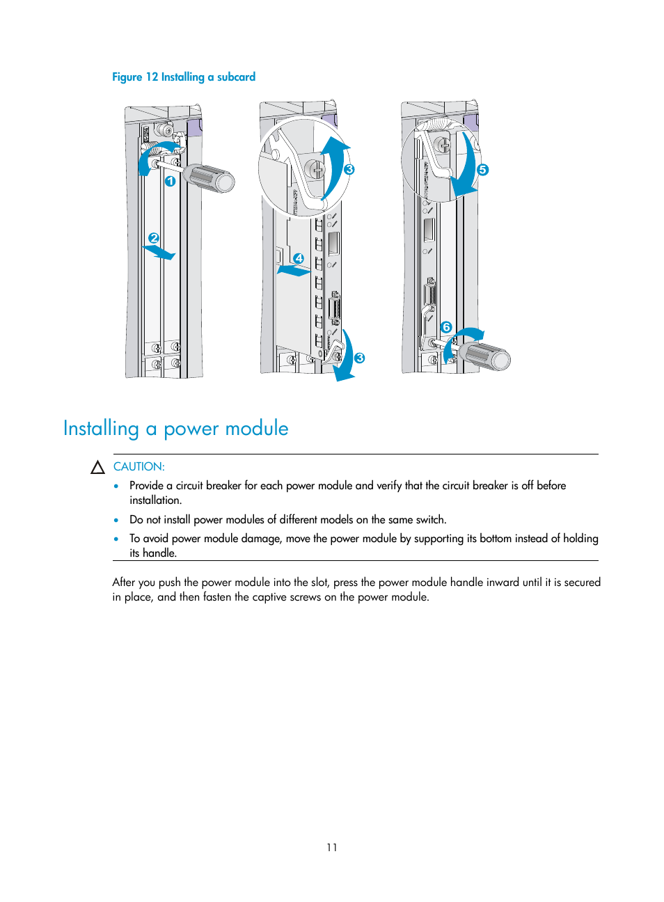 Installing a power module | H3C Technologies H3C S10500 Series Switches User Manual | Page 14 / 19