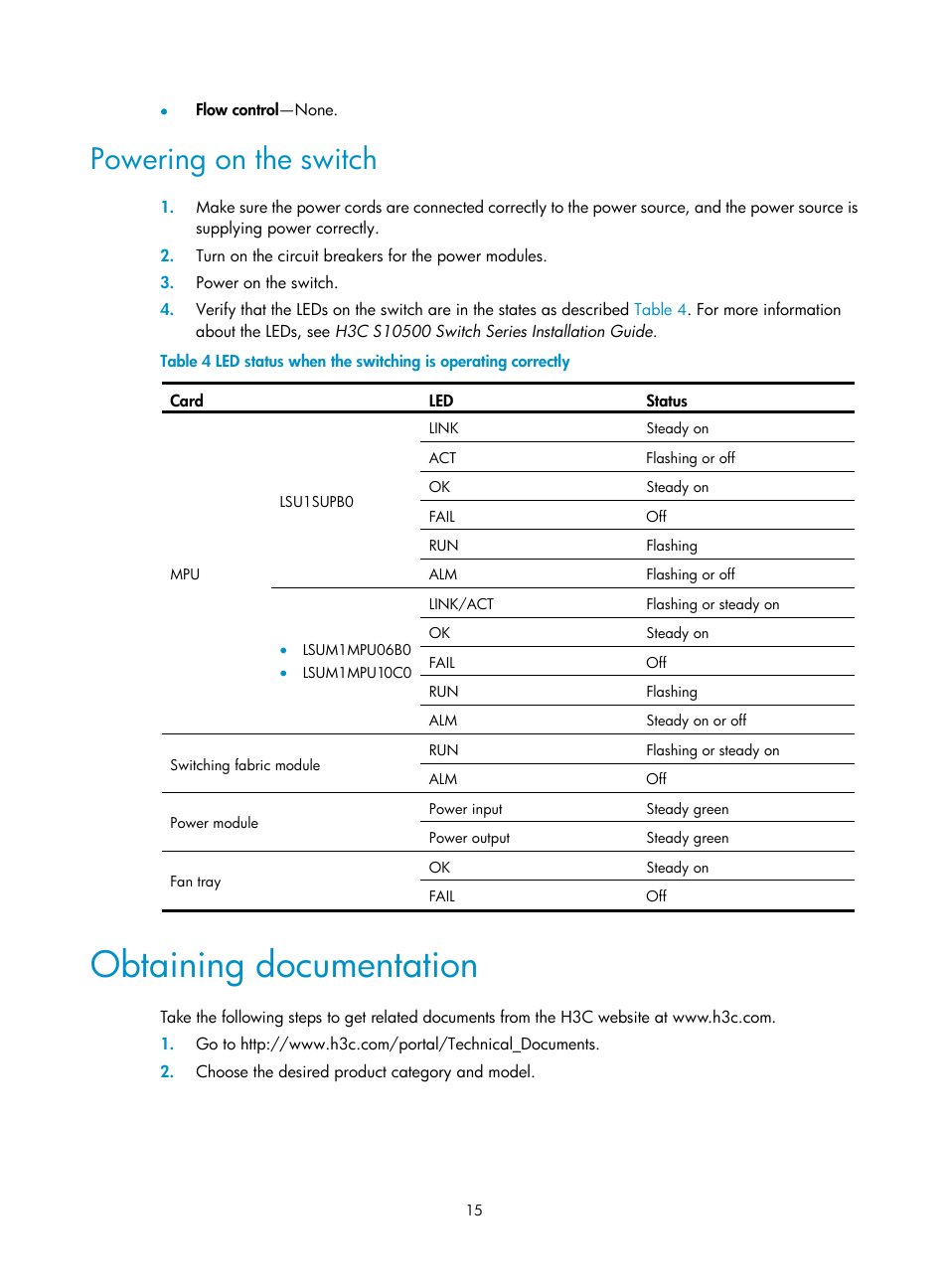Powering on the switch, Obtaining documentation | H3C Technologies H3C S10500 Series Switches User Manual | Page 18 / 19