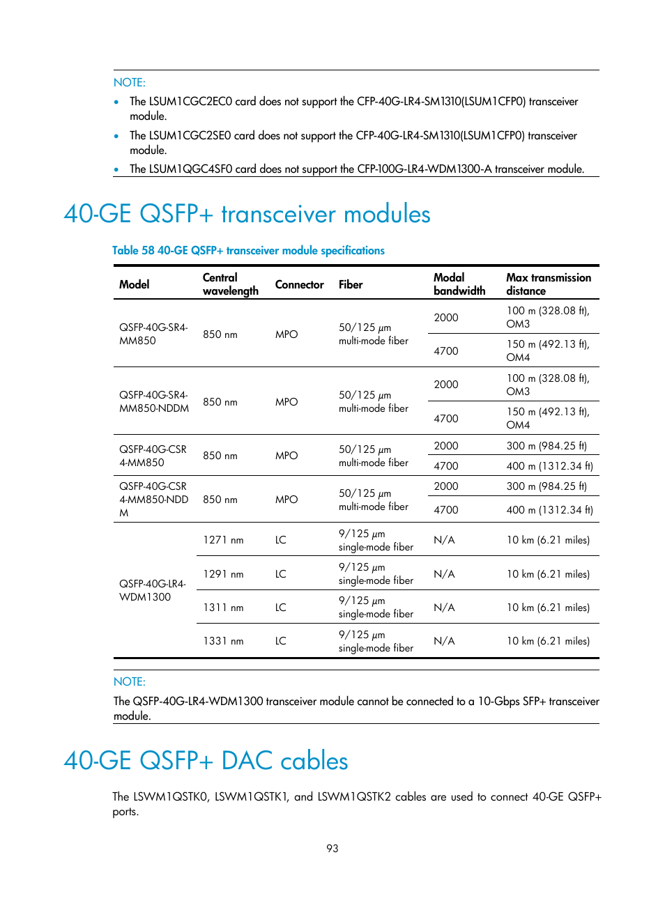 Ge qsfp+ transceiver modules, Ge qsfp+ dac cables | H3C Technologies H3C S10500 Series Switches User Manual | Page 103 / 140