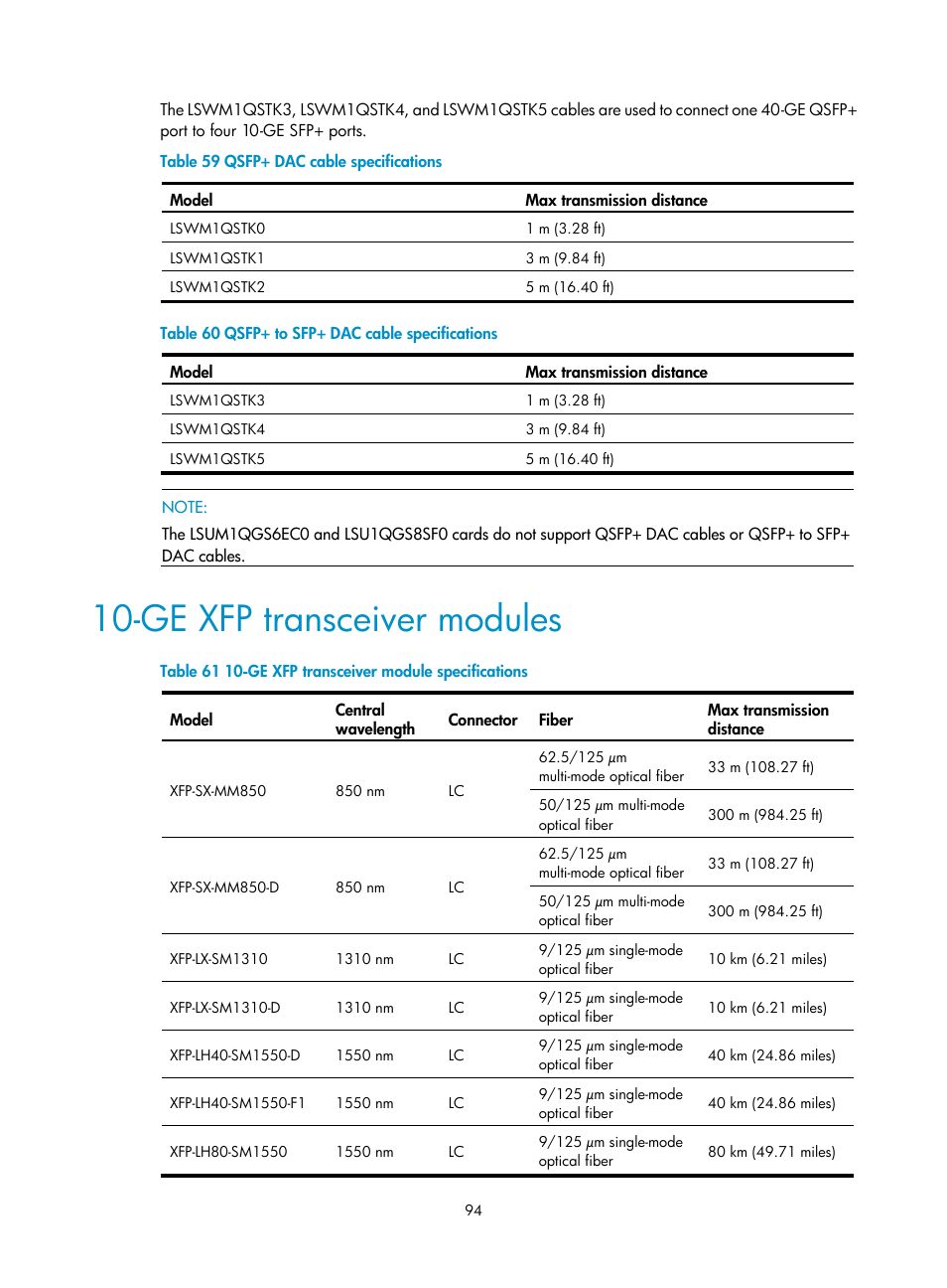 Ge xfp transceiver modules | H3C Technologies H3C S10500 Series Switches User Manual | Page 104 / 140