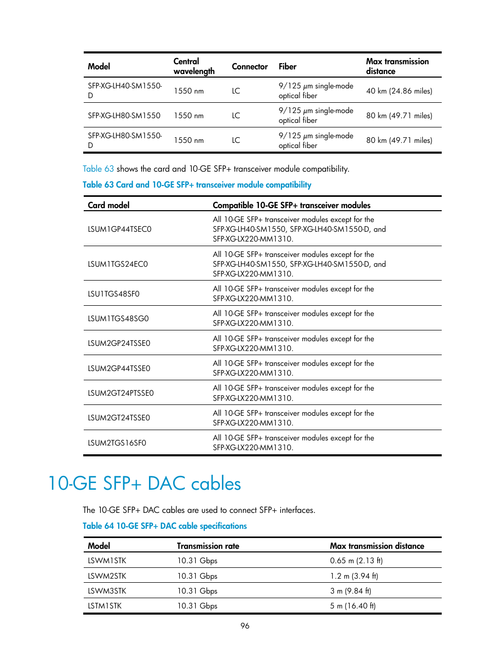 Ge sfp+ dac cables | H3C Technologies H3C S10500 Series Switches User Manual | Page 106 / 140