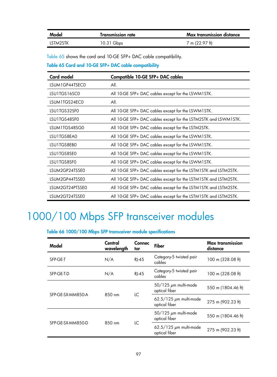 1000/100 mbps sfp transceiver modules | H3C Technologies H3C S10500 Series Switches User Manual | Page 107 / 140