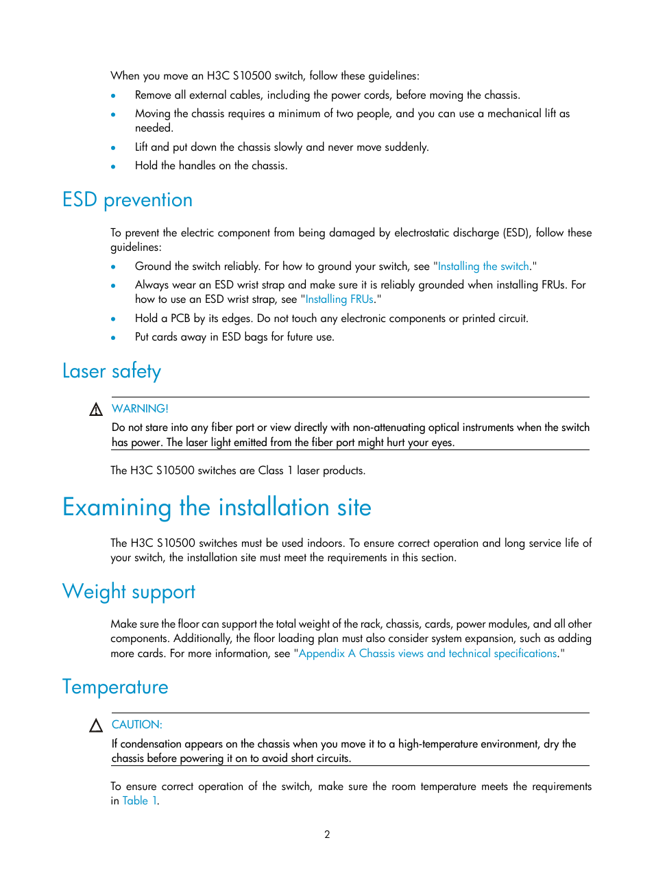 Esd prevention, Laser safety, Examining the installation site | Weight support, Temperature | H3C Technologies H3C S10500 Series Switches User Manual | Page 12 / 140