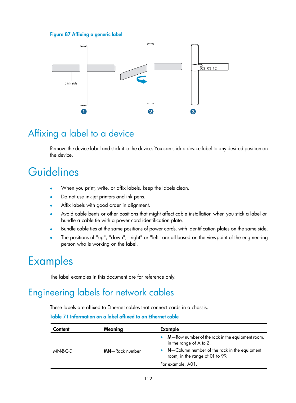 Affixing a label to a device, Guidelines, Examples | Engineering labels for network cables | H3C Technologies H3C S10500 Series Switches User Manual | Page 122 / 140