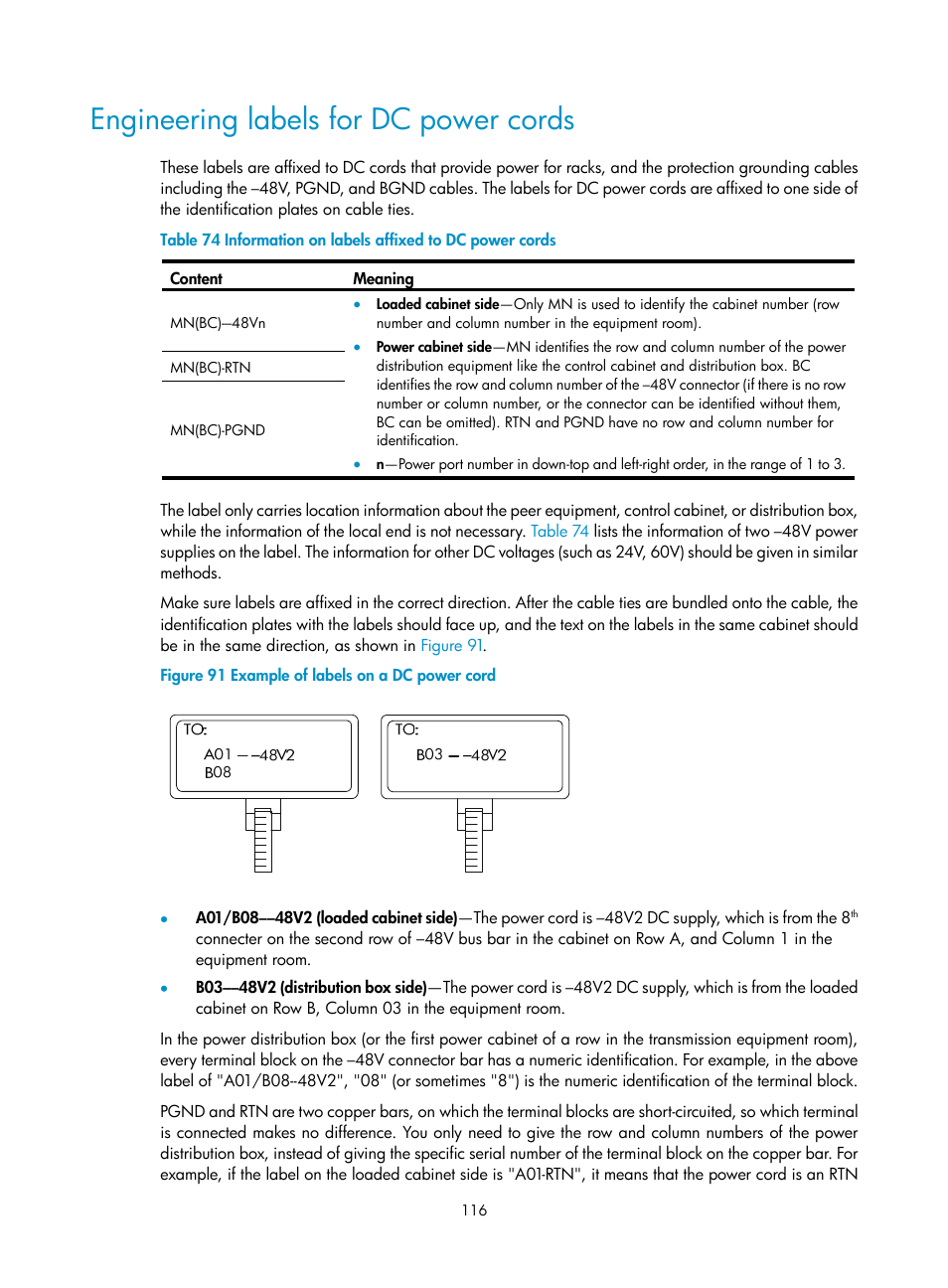 Engineering labels for dc power cords | H3C Technologies H3C S10500 Series Switches User Manual | Page 126 / 140