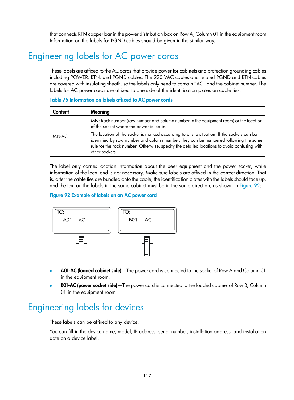 Engineering labels for ac power cords, Engineering labels for devices | H3C Technologies H3C S10500 Series Switches User Manual | Page 127 / 140
