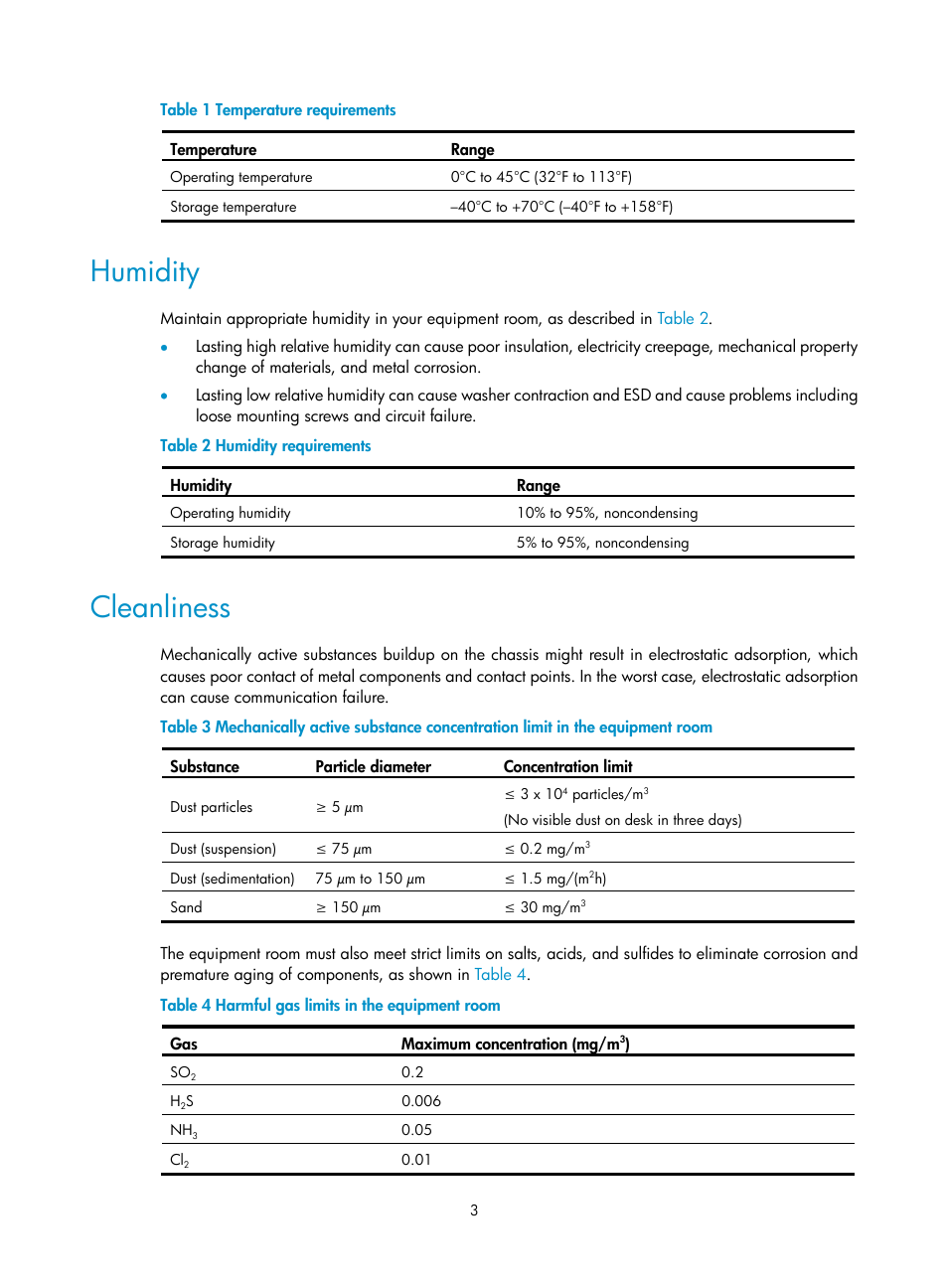 Humidity, Cleanliness, Table 1 | H3C Technologies H3C S10500 Series Switches User Manual | Page 13 / 140