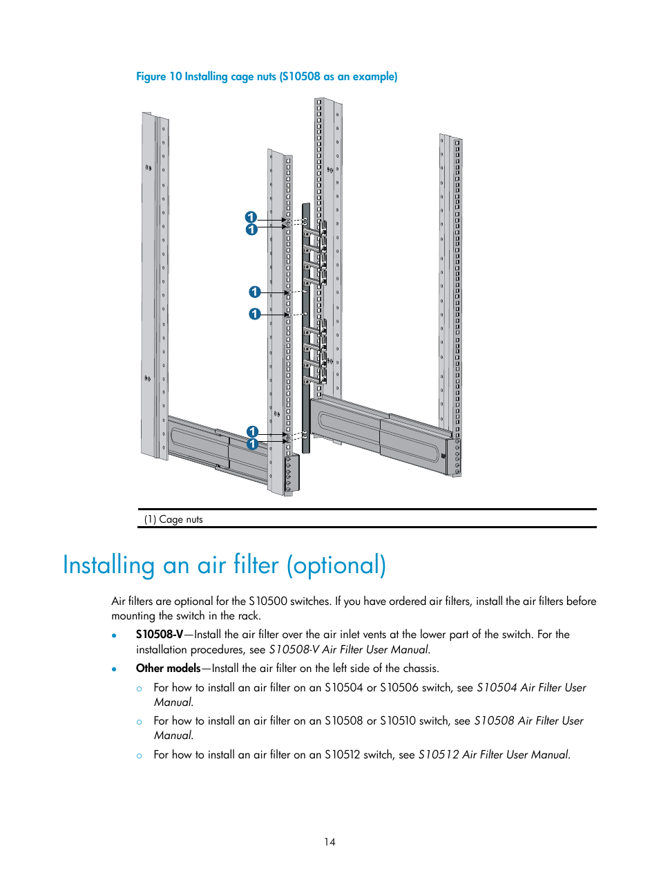 Installing an air filter (optional) | H3C Technologies H3C S10500 Series Switches User Manual | Page 24 / 140
