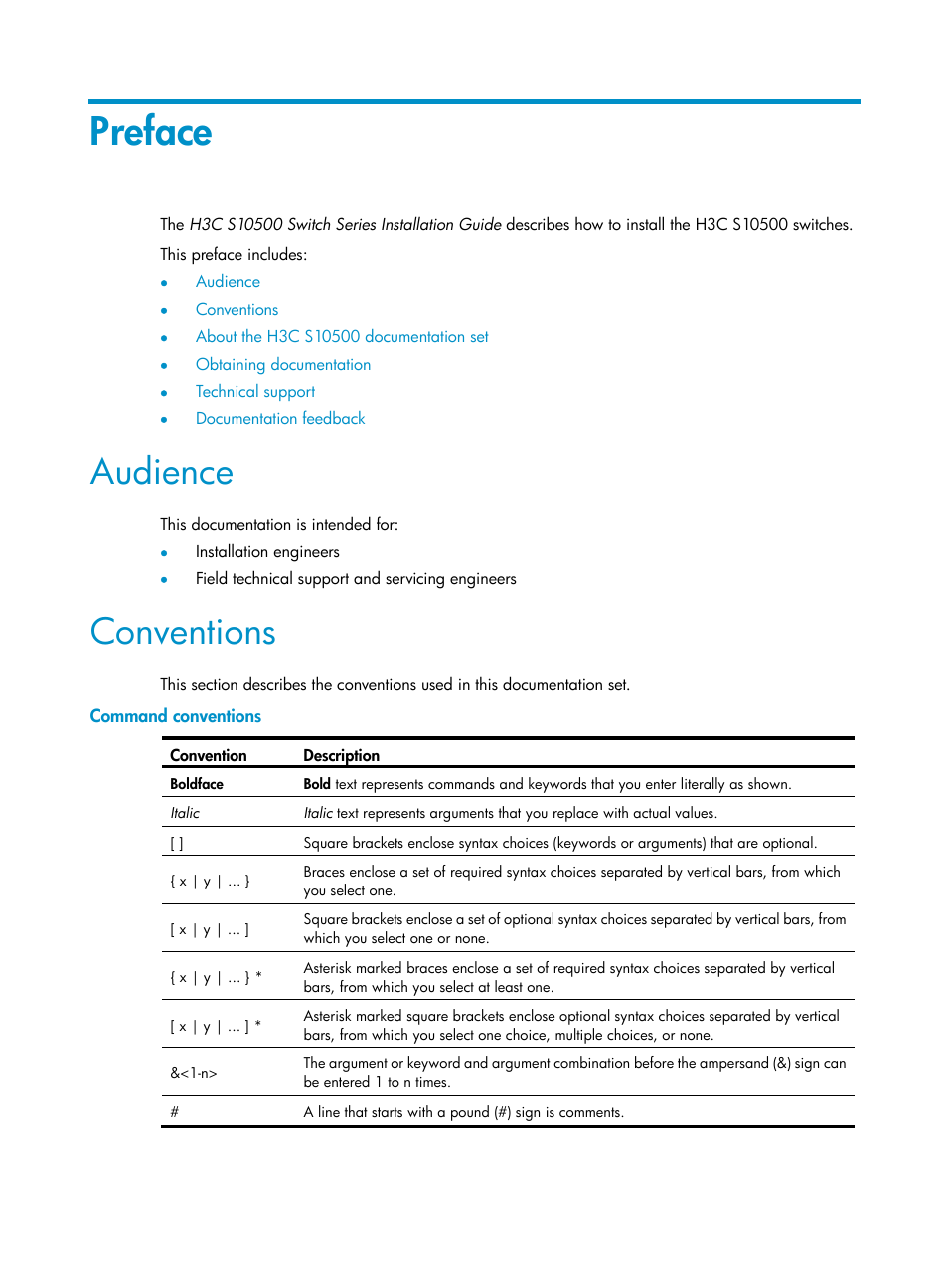 Preface, Audience, Conventions | Command conventions | H3C Technologies H3C S10500 Series Switches User Manual | Page 3 / 140