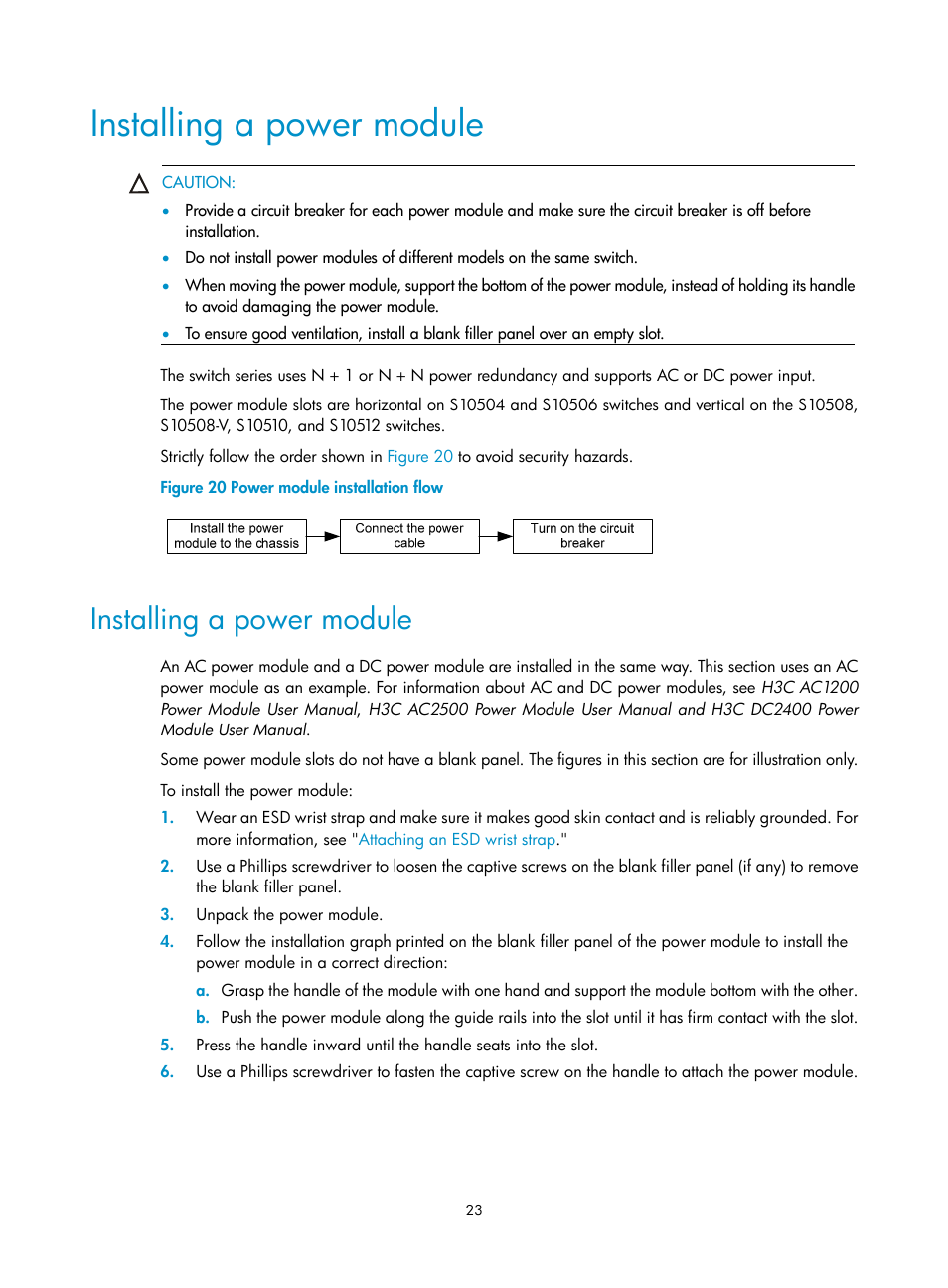 Installing a power module | H3C Technologies H3C S10500 Series Switches User Manual | Page 33 / 140