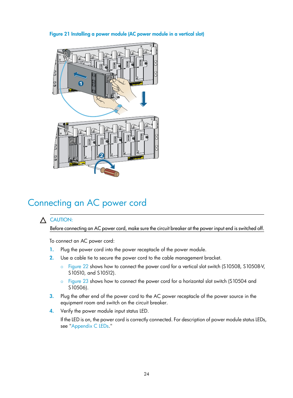 Connecting an ac power cord | H3C Technologies H3C S10500 Series Switches User Manual | Page 34 / 140