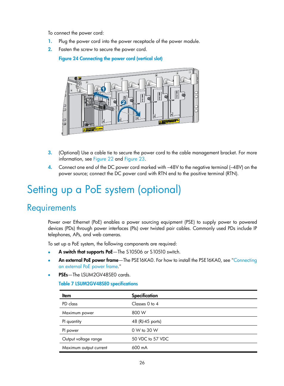 Setting up a poe system (optional), Requirements | H3C Technologies H3C S10500 Series Switches User Manual | Page 36 / 140