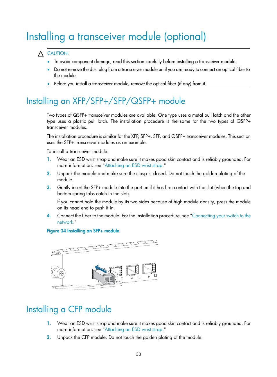 Installing a transceiver module (optional), Installing an xfp/sfp+/sfp/qsfp+ module, Installing a cfp module | H3C Technologies H3C S10500 Series Switches User Manual | Page 43 / 140