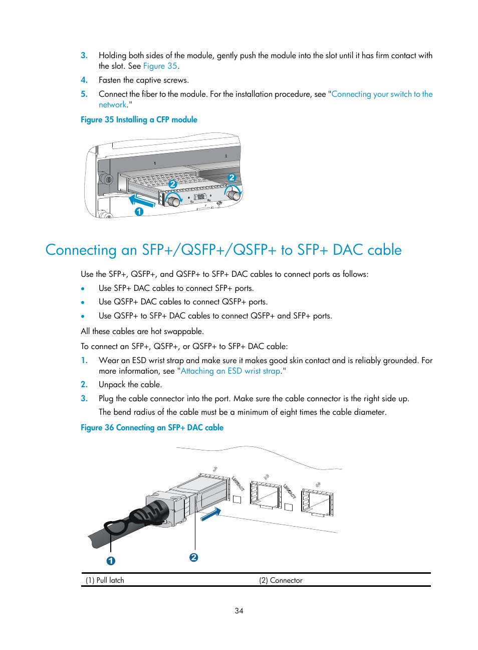 Connecting an sfp+/qsfp+/qsfp+ to sfp+ dac cable | H3C Technologies H3C S10500 Series Switches User Manual | Page 44 / 140