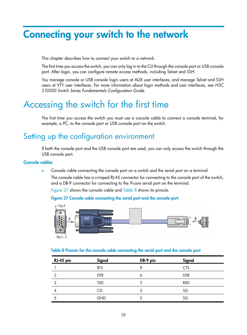 Connecting your switch to the network, Accessing the switch for the first time, Setting up the configuration environment | Console cables, Connecting your switch to the, Network | H3C Technologies H3C S10500 Series Switches User Manual | Page 45 / 140