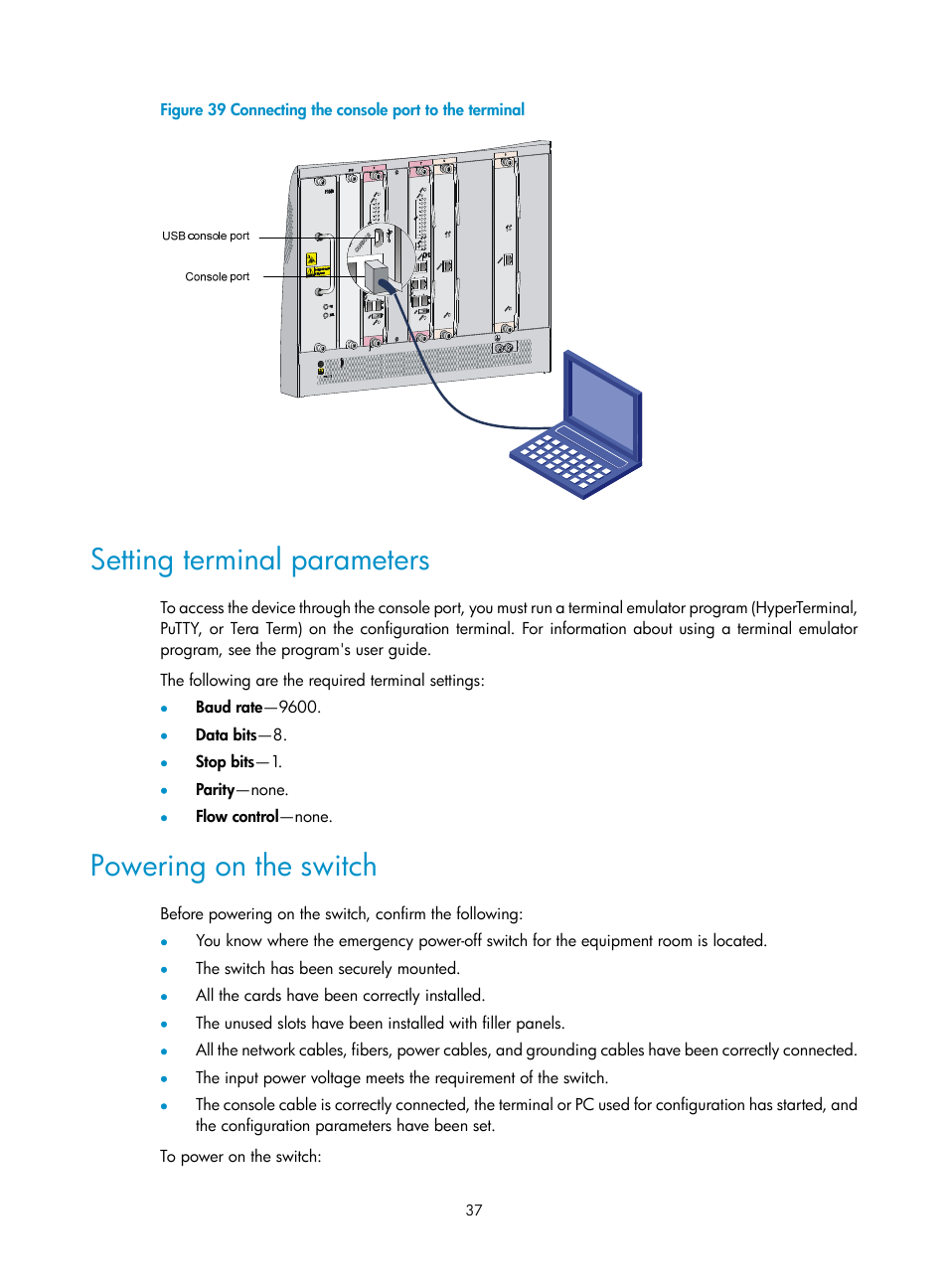 Setting terminal parameters, Powering on the switch | H3C Technologies H3C S10500 Series Switches User Manual | Page 47 / 140