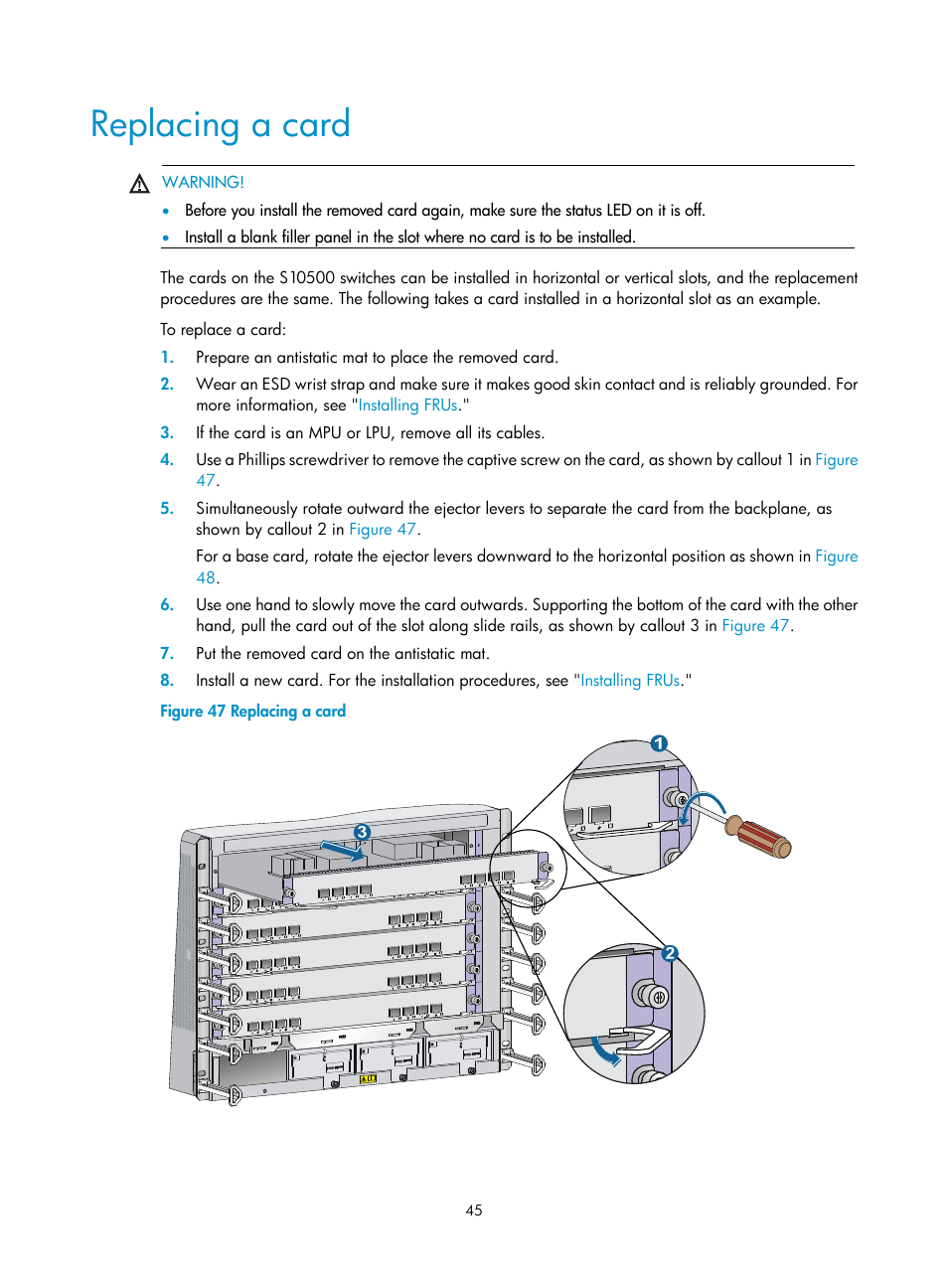 Replacing a card | H3C Technologies H3C S10500 Series Switches User Manual | Page 55 / 140