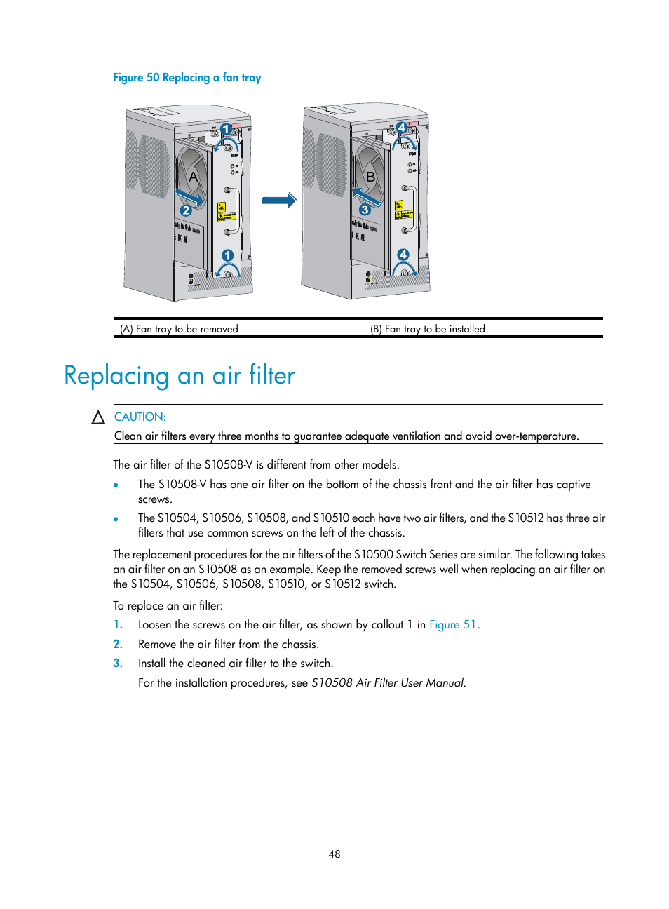 Replacing an air filter | H3C Technologies H3C S10500 Series Switches User Manual | Page 58 / 140