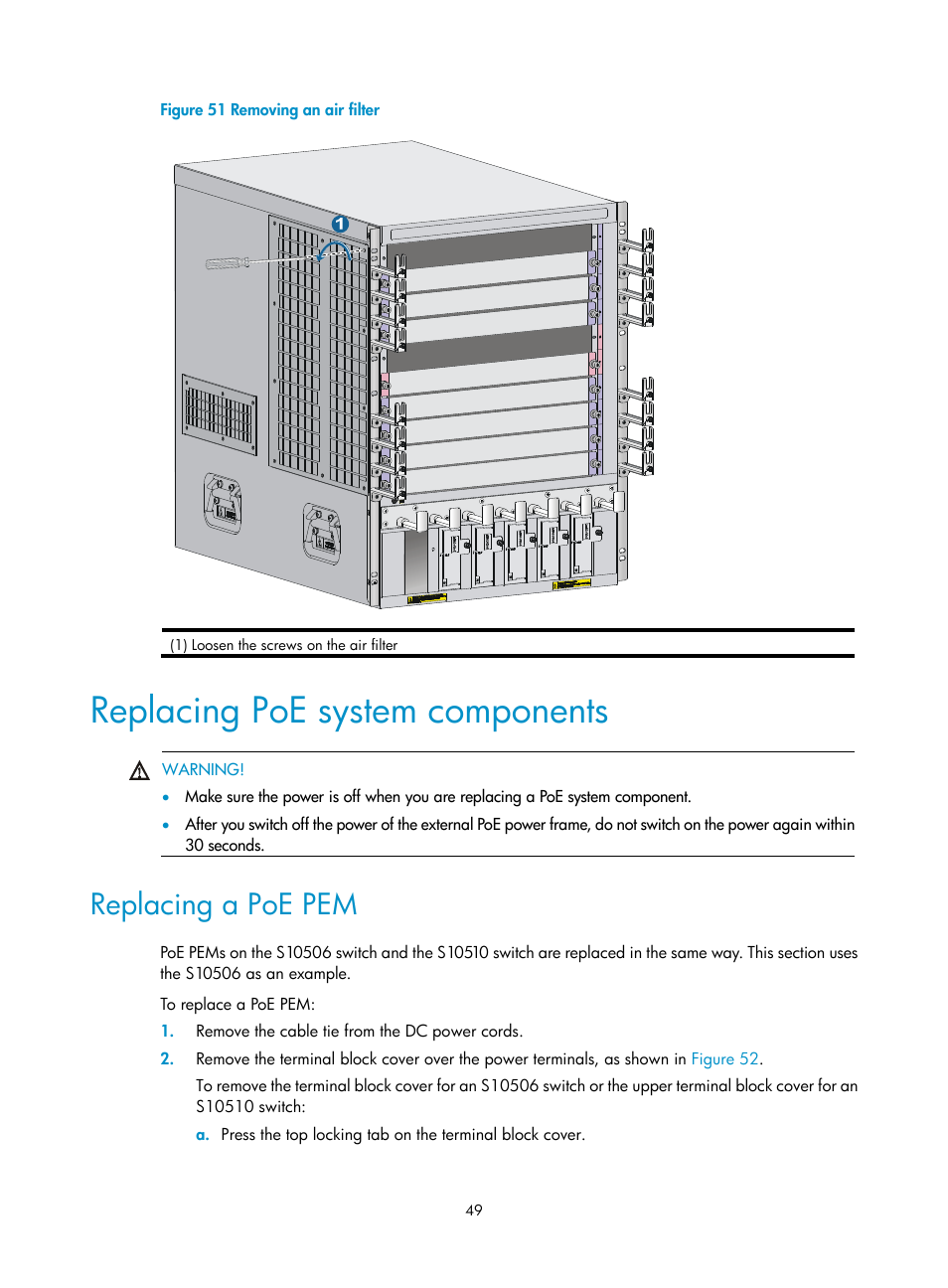 Replacing poe system components, Replacing a poe pem | H3C Technologies H3C S10500 Series Switches User Manual | Page 59 / 140