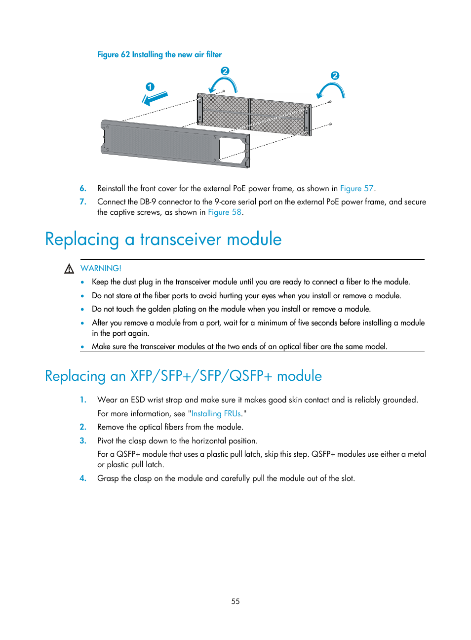 Replacing a transceiver module, Replacing an xfp/sfp+/sfp/qsfp+ module | H3C Technologies H3C S10500 Series Switches User Manual | Page 65 / 140