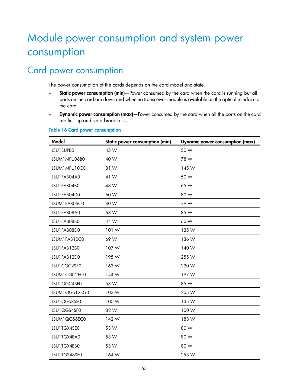 Card power consumption | H3C Technologies H3C S10500 Series Switches User Manual | Page 73 / 140